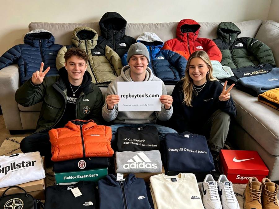Puffer jackets, hoodies, trainers and accessories laid out together in a living room
