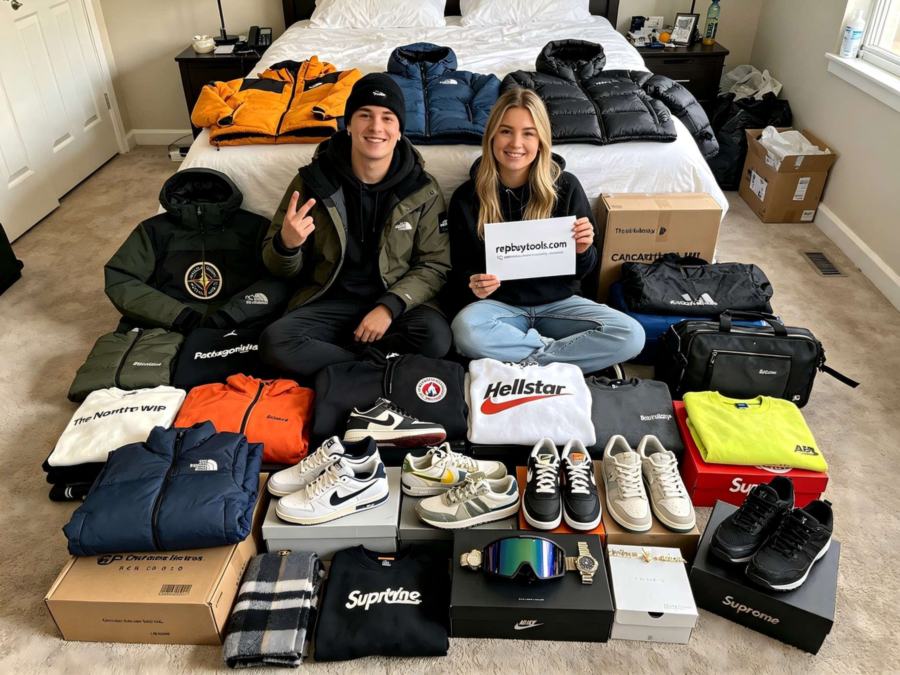 Down jackets, hoodies and sneakers arranged in front of a bed
