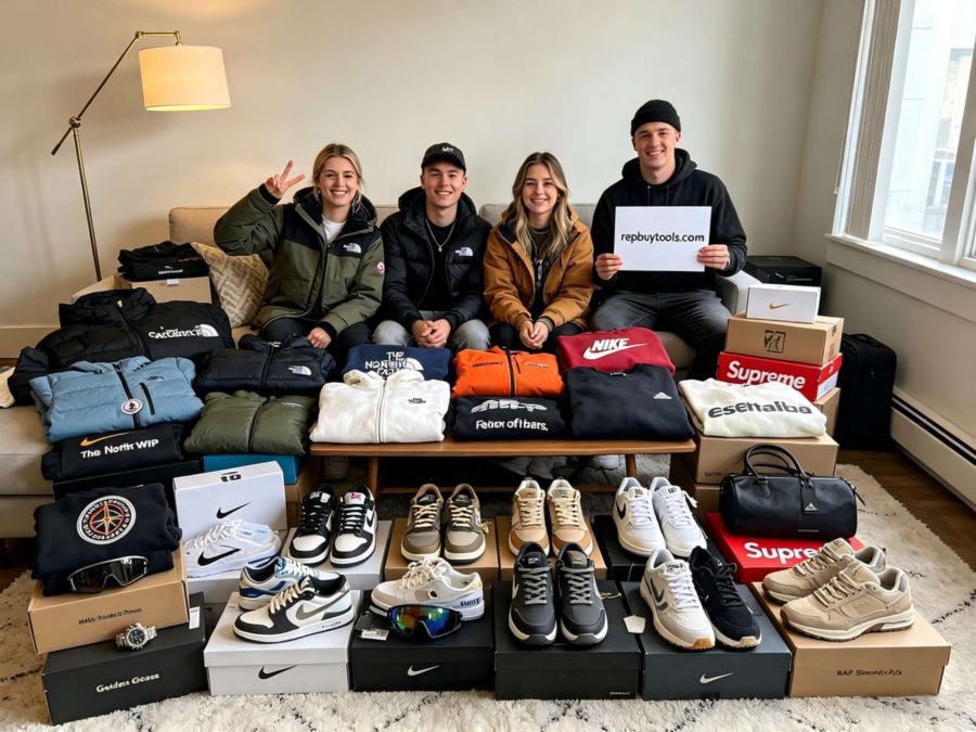 Puffer jackets on a sofa above a row of sneakers and folded sweatshirts