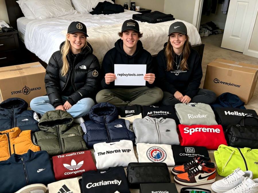 Outerwear, sweatshirts, trainers and watches spread across a bedroom floor