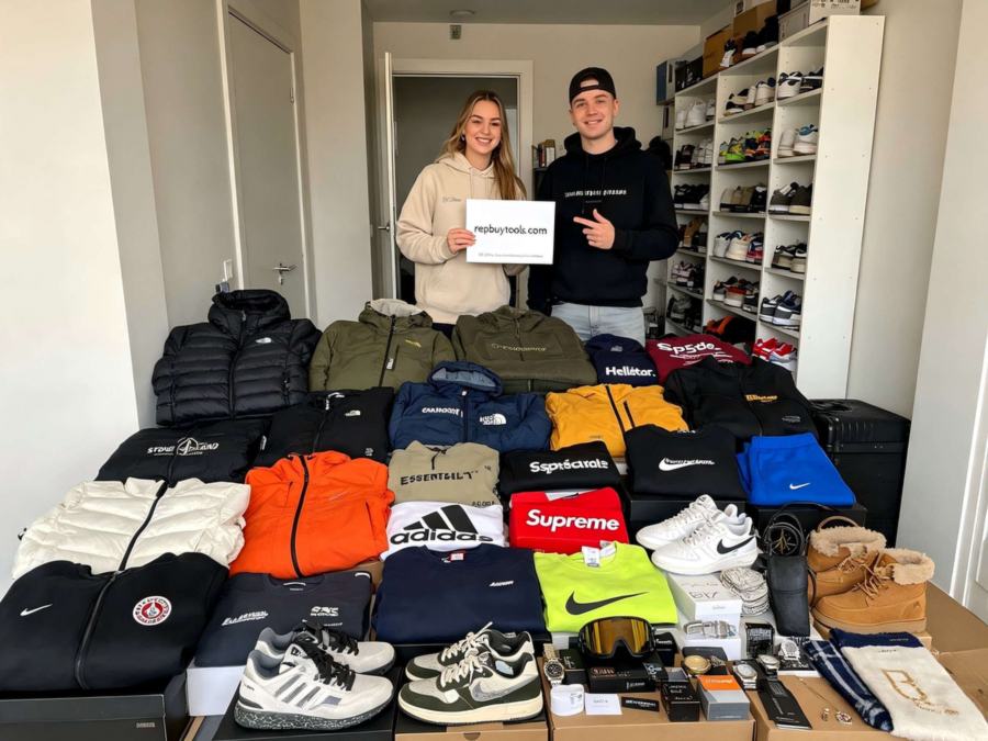 Jackets, hoodies, trainers and accessories arranged in a room lined with shoe shelves